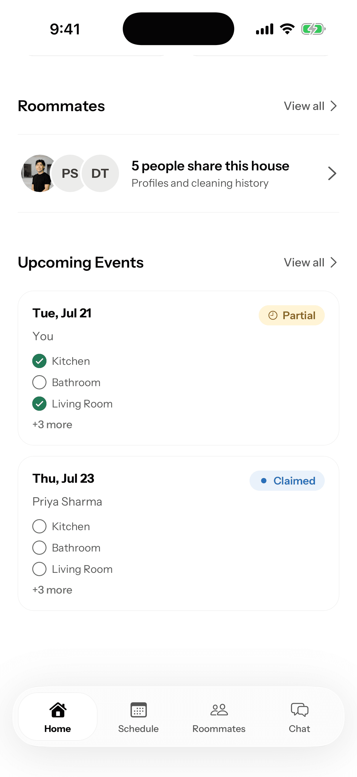 Housey home screen showing upcoming cleaning events