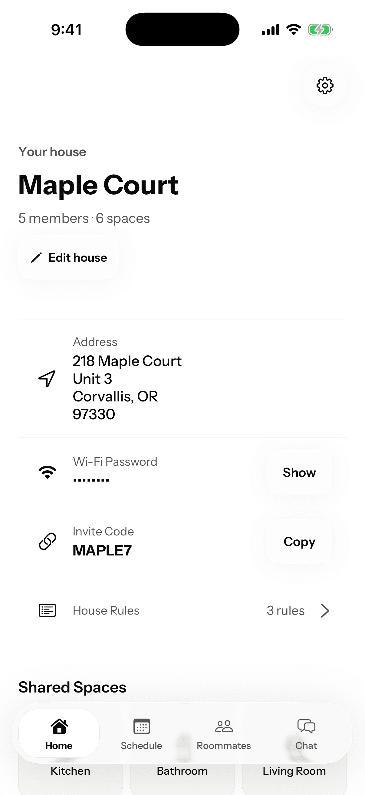 Housey house overview showing the address, invite code and shared spaces